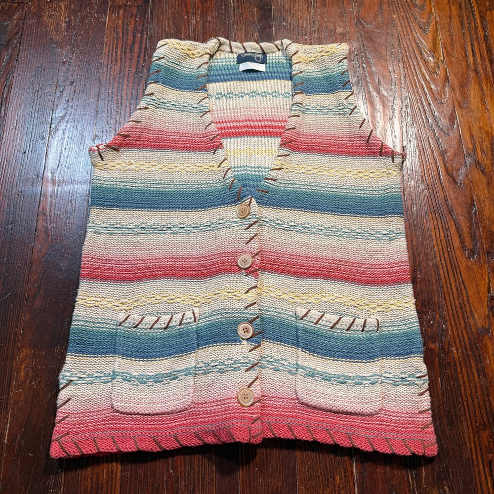 Vintage 90s Knit Vest Womens L Striped Silk Blend Whipstitch Country Western